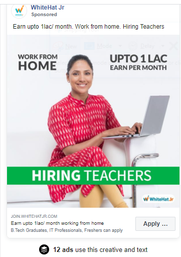 Facebook ad of WhiteHat Jr recruiting teachers