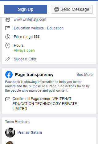 WhiteHat Jr’s Facebook page