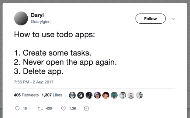 Funny tweet about to-do apps